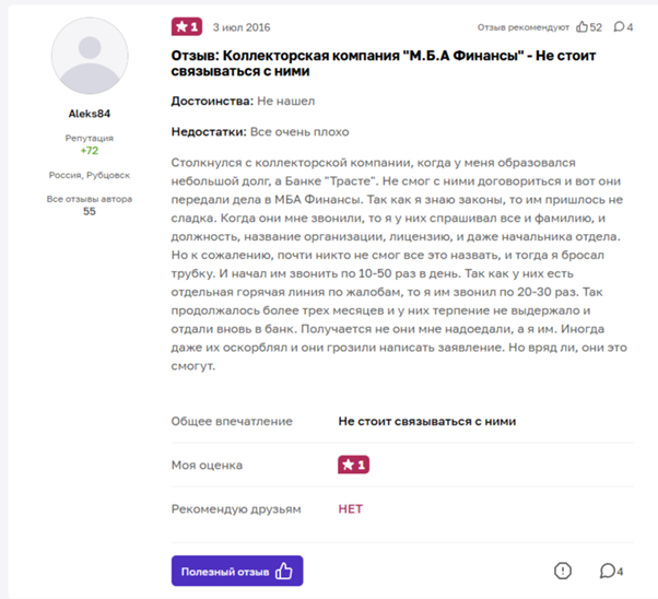 Отзыв №2 о коллекторском агентстве «М.Б.А. Финансы»